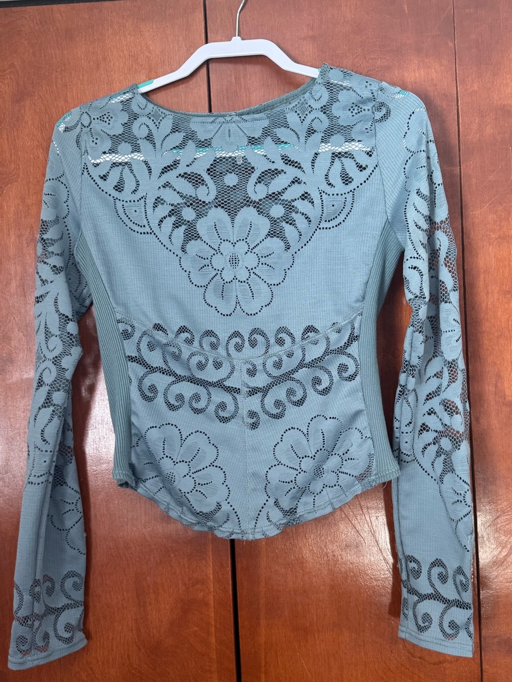 Free People Dusty Blue Lace-Cut Floral Long Sleeve Top